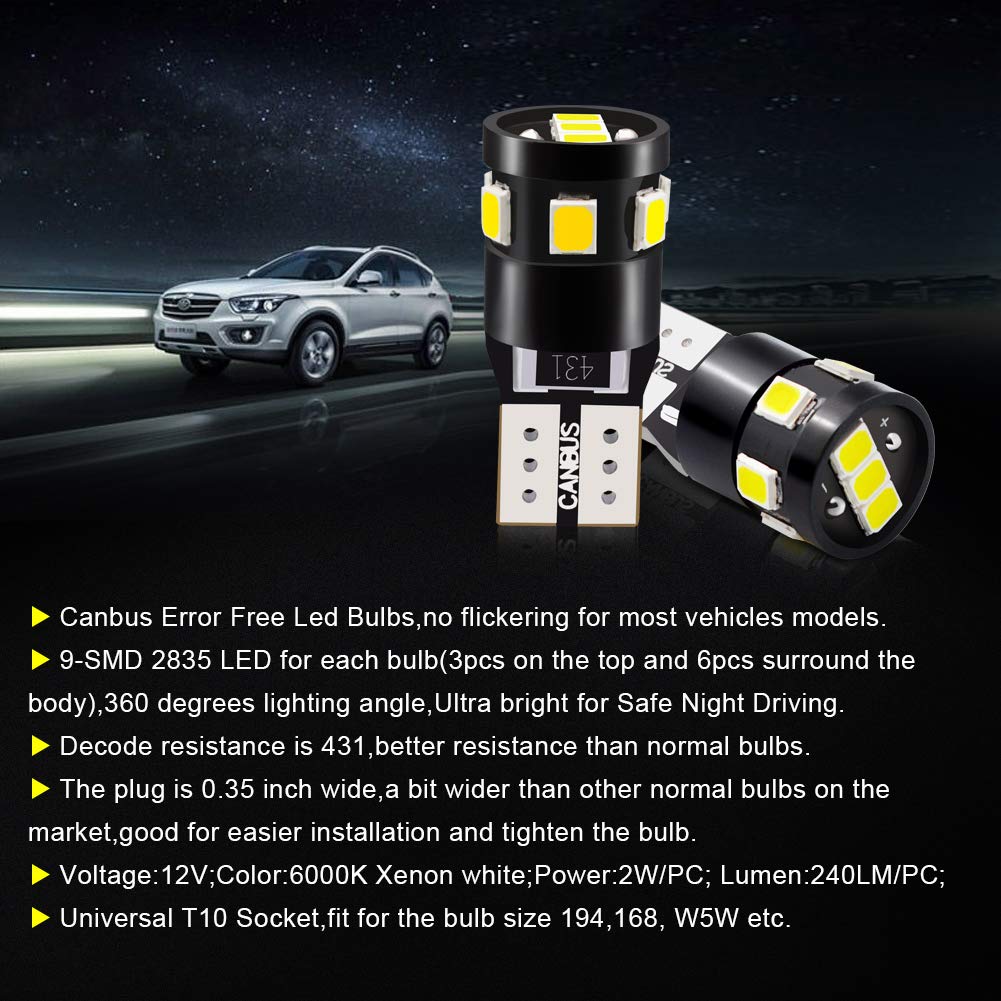 LED Light Bulb Canbus Error Free 168 W5W T10 LED Bulb White 6000K 501