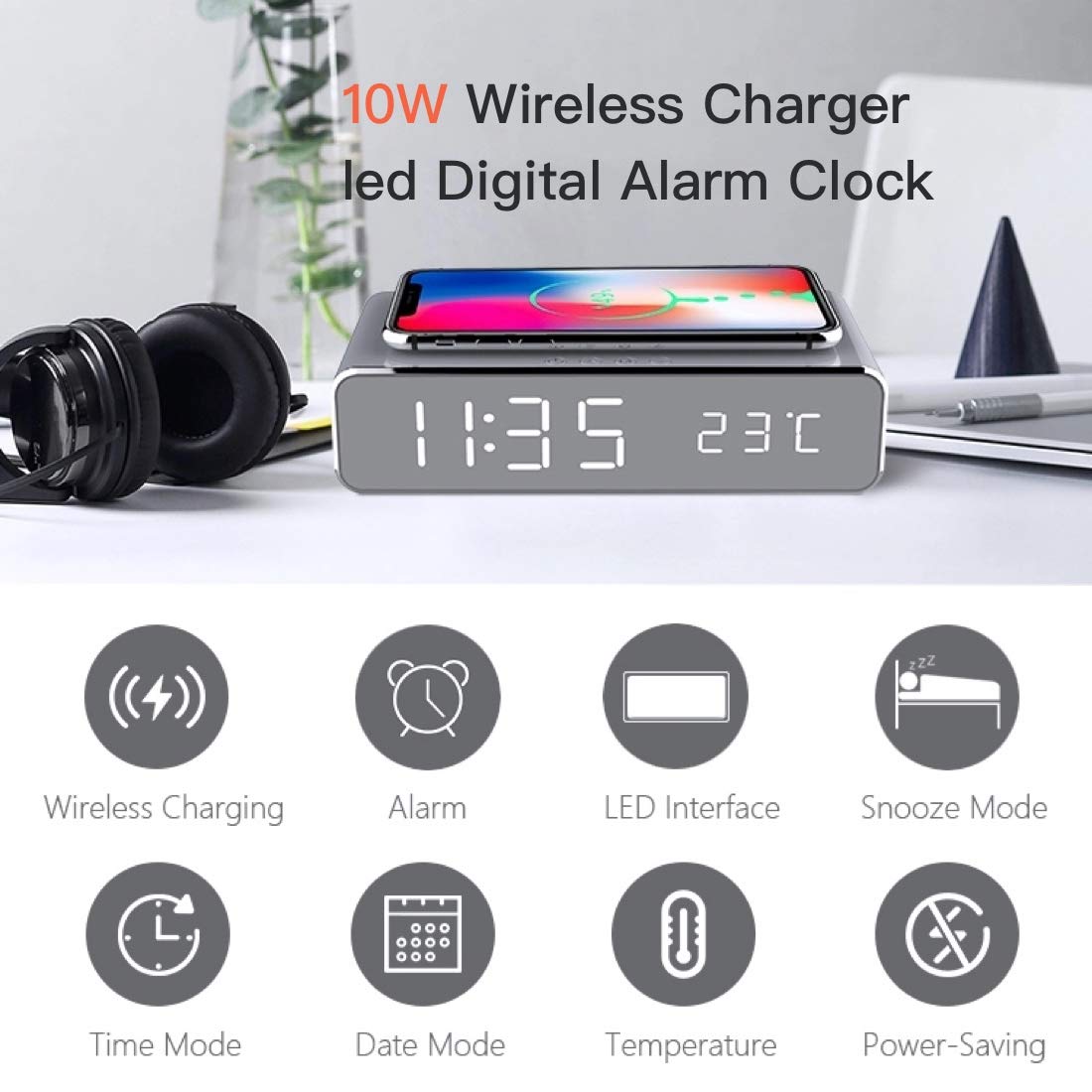 Alarm Clock Wireless Charging & Digital Thermometer
